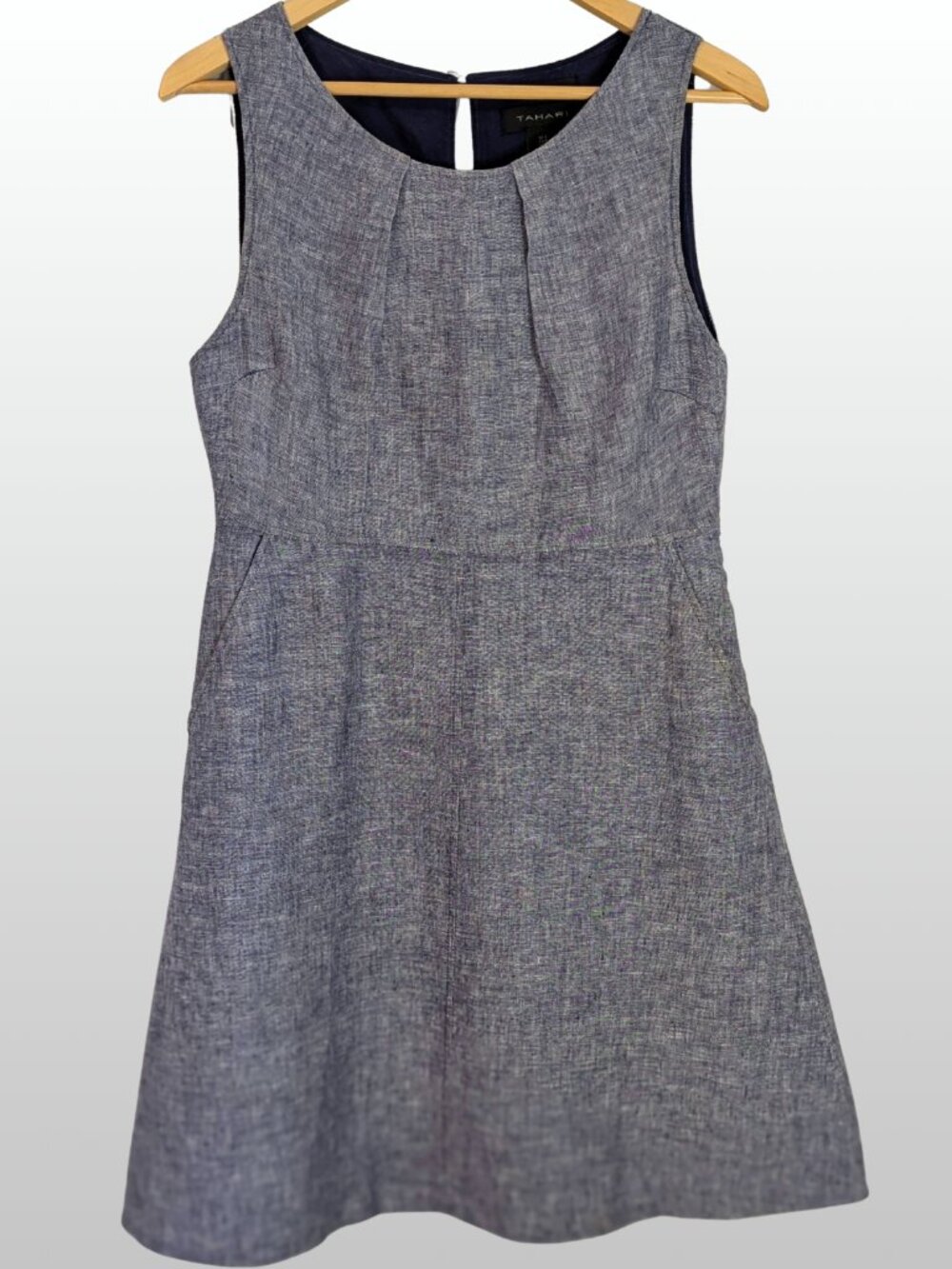 Tahari Chambray 100% Linen Sleeveless A-Line Midi Dress 6 Office Coastal NWOT